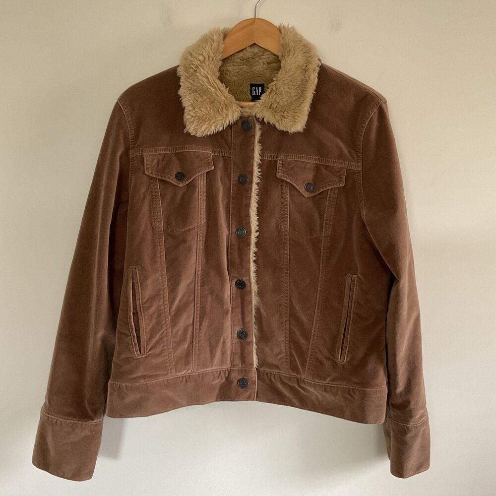 VTG Y2K GAP Sherpa Lined Velour Trucker Jacket Womens L Brown Bella Swan Granola